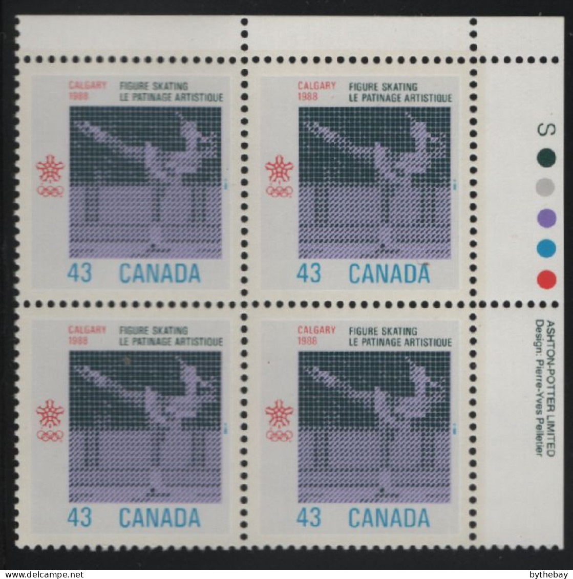 Canada 1988 MNH Sc 1197 47c Figure Skating UR Plate Block - Num. Planches & Inscriptions Marge