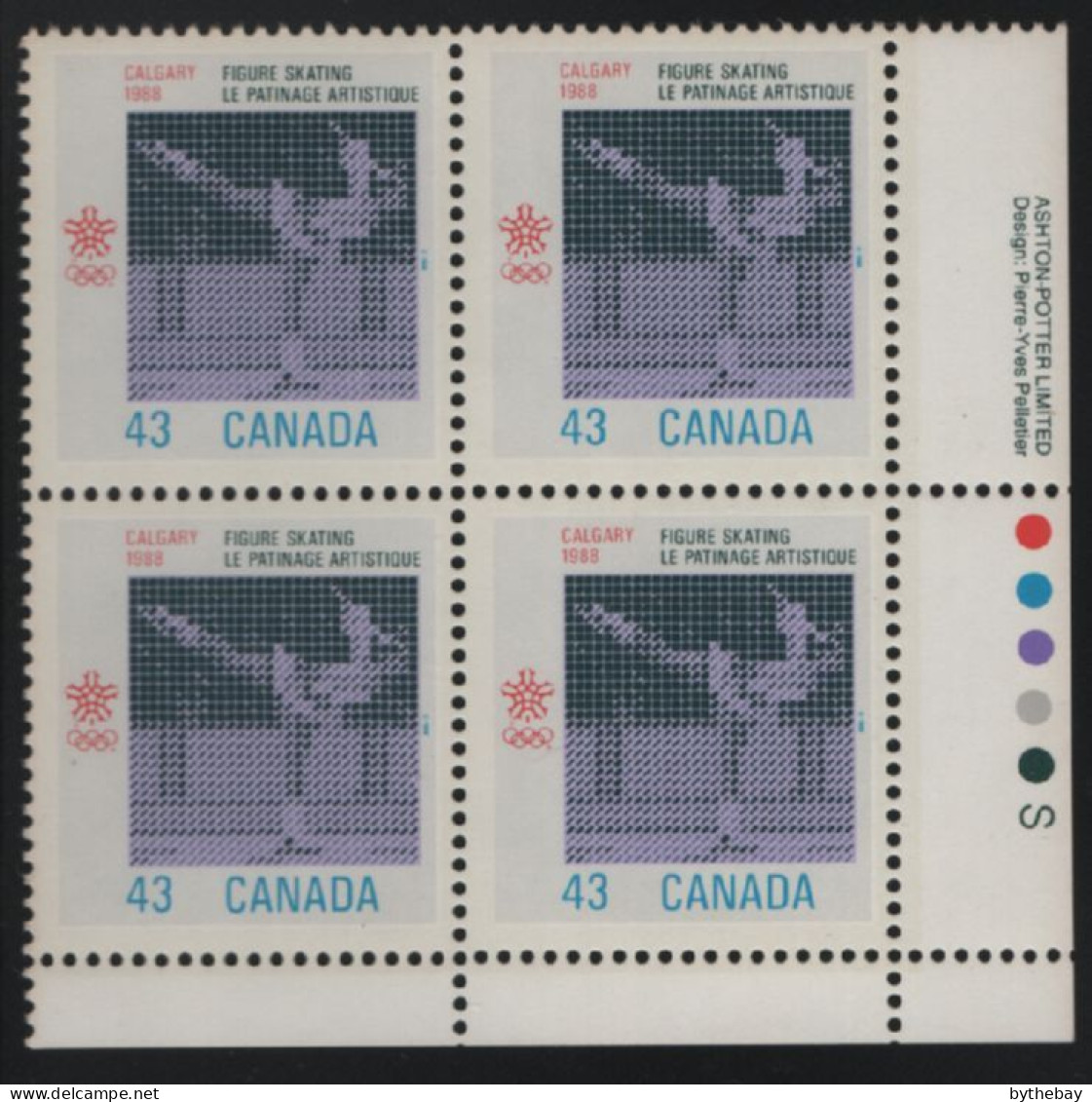 Canada 1988 MNH Sc 1197 47c Figure Skating LR Plate Block - Plate Number & Inscriptions