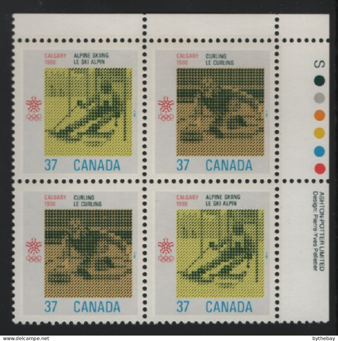 Canada 1988 MNH Sc 1196a 37c Skiing, Curling UR Plate Block - Num. Planches & Inscriptions Marge