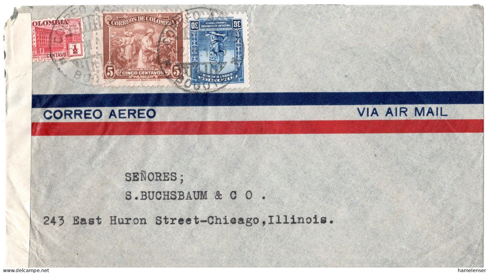 68227 - Kolumbien - 1943 - 30c Luftpost MiF A LpBf BOGOTA -> Chicago, IL (USA), M Brit Zensur - Colombie