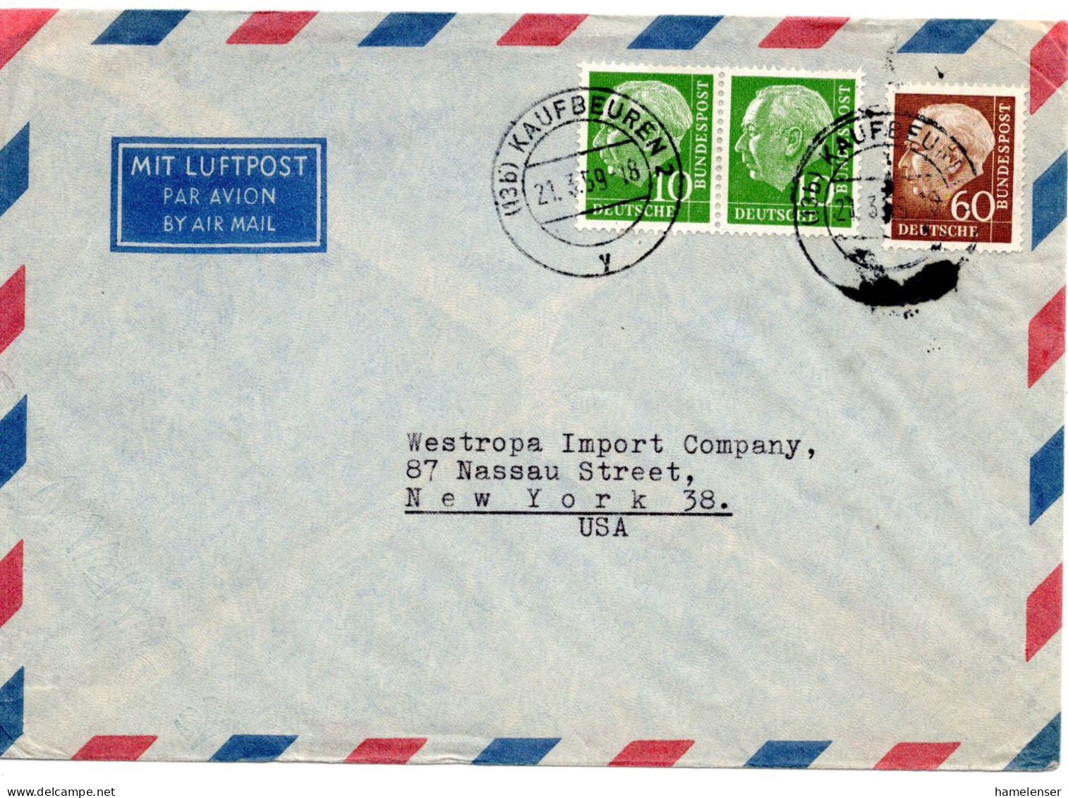 68229 - Bund - 1959 - 60Pfg Heuss I MiF A LpBf KAUFBEUREN -> New York, NY (USA) - Cartas & Documentos