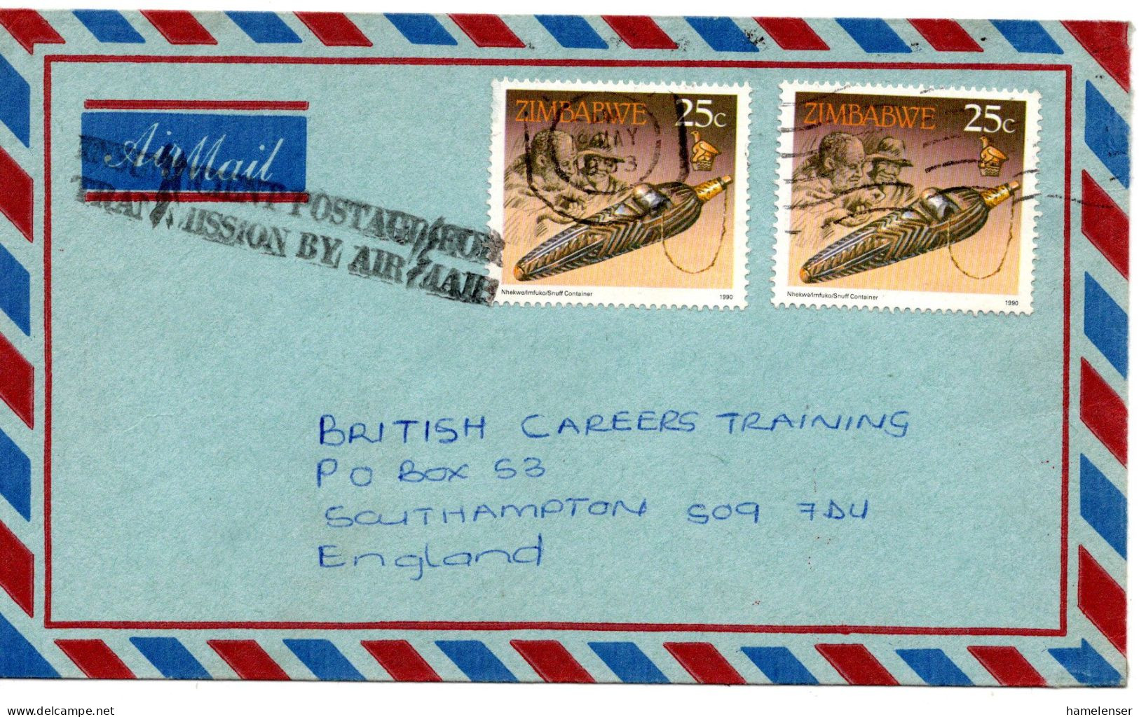 68233 - Zimbabwe - 1993 - 2@25c Tabakdose A LpBf ... -> Grossbritannien, M Stpl "unzureichend Frankiert..." - Zimbabwe (1980-...)