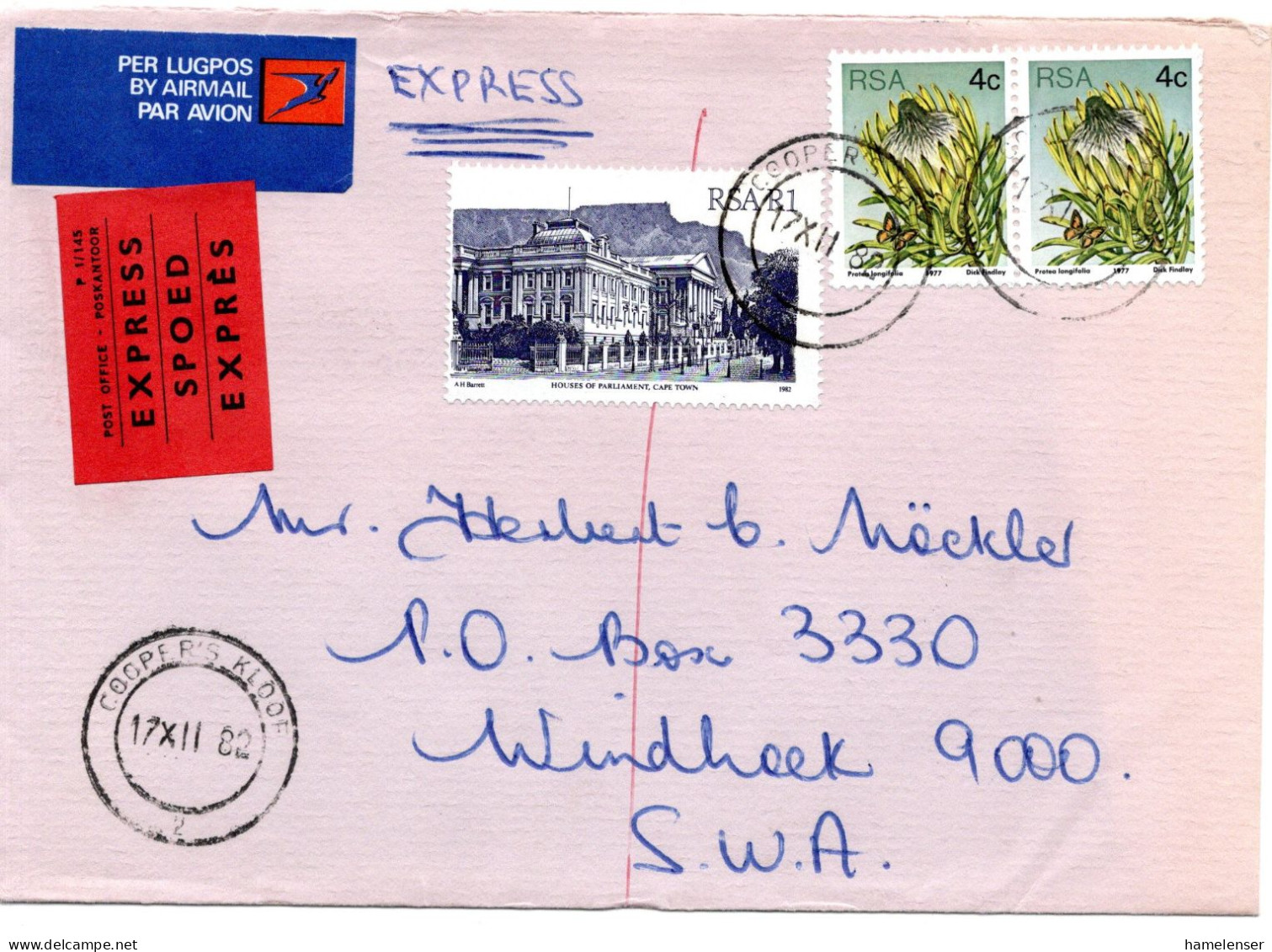 68235 - Südafrika - 1982 - 1R Parlament MiF A LpEilBf COOPER'S KLOOF -> WINDHOEK (Südwestafrika) - Storia Postale