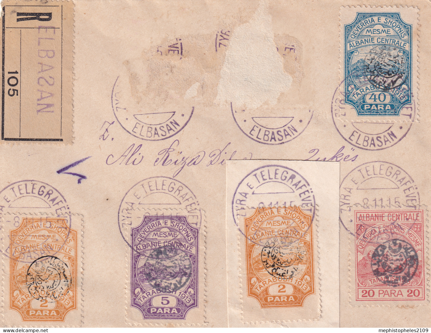 ALBANIA 1915 - ESSAD POST - Fragement Of Reco Cover From Elbasan To Qukes - 5 Stamps, 2 Missing - Albania
