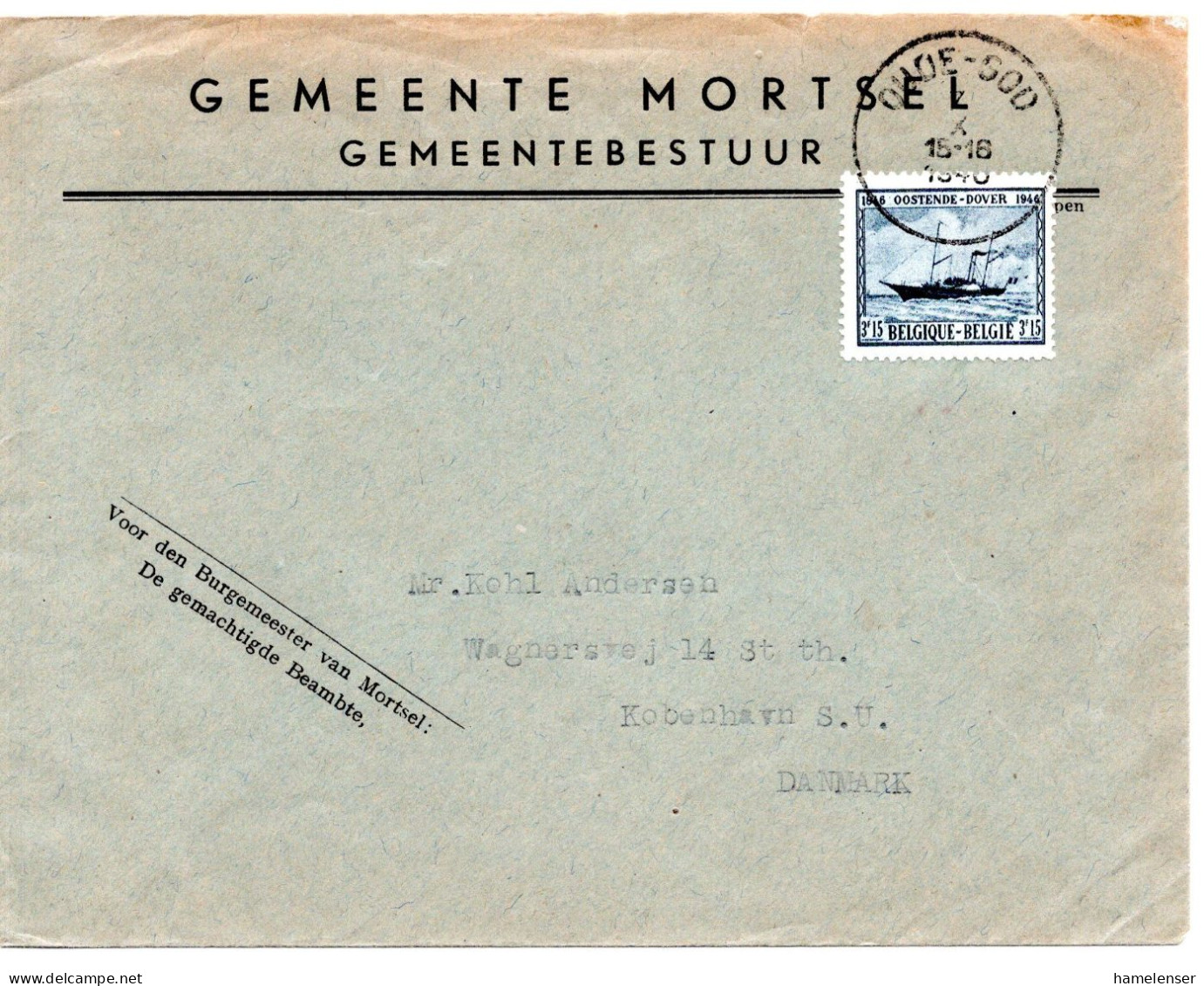 68237 - Belgien - 1946 - 3,15F Kanalfaehre EF A Bf OUDE-SOD -> Daenemark - Brieven En Documenten