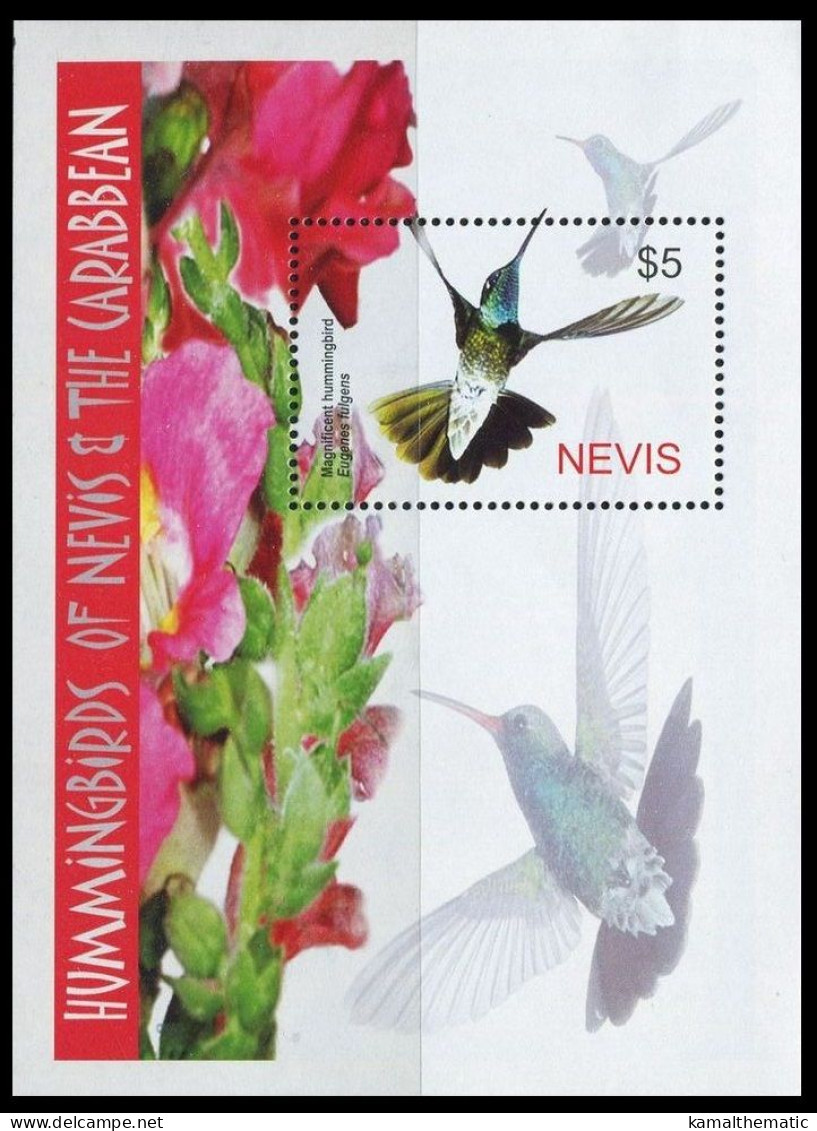 Nevis 2005 MNH MS, Birds, Magnificent Hummingbird, Flowers - Segler & Kolibris