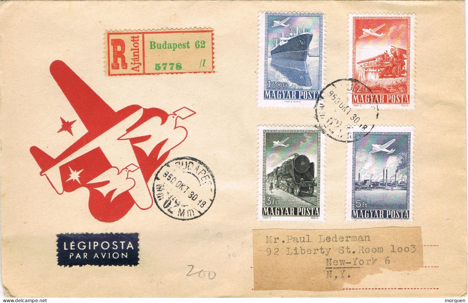 50955. Carta Aerea Certificada BUDAPEST (Hungria) 1950 To USA, Transport Stamps - Covers & Documents