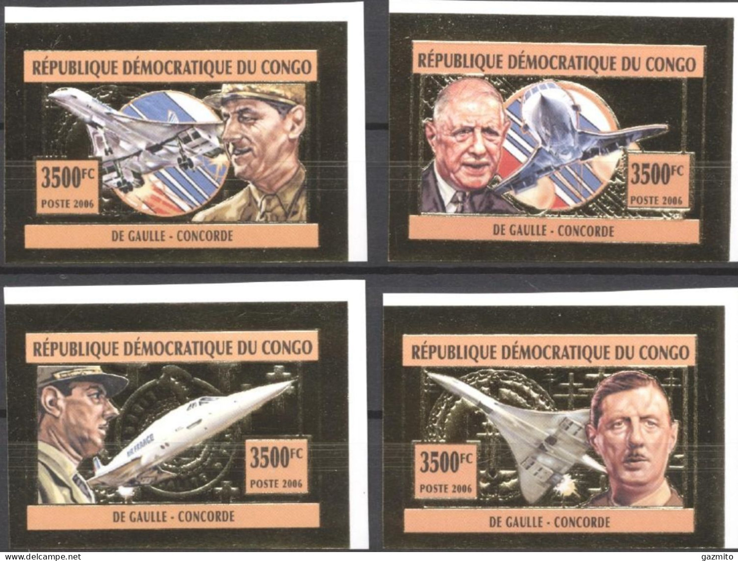 Congo Ex Zaire 2006, Aircraft, Concorde, De Gaulle, 4val GOLD IMPERFORATED - De Gaulle (Général)