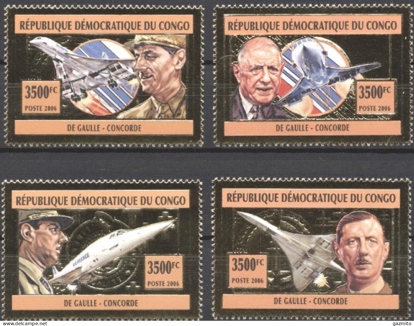 Congo Ex Zaire 2006, Aircraft, Concorde, De Gaulle, 4val GOLD - De Gaulle (Général)