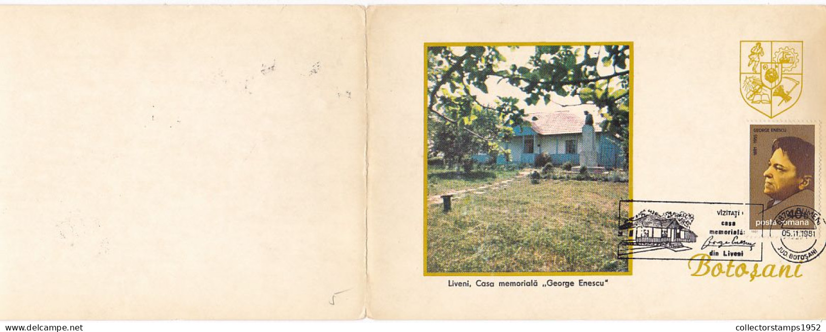 GEORGE ENESCU, COMPOSER, MEMORIAL HOUSE, MUSIC, SPECIAL POSTCARD, 2 PARTS FOLDED, 1981, ROMANIA - Musique