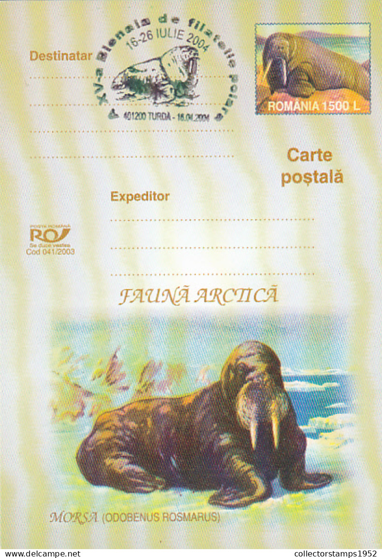 WALRUS, ARCTIC WILDLIFE, NORTH POLE, POSTCARD STATIONERY, 2003, ROMANIA - Arctische Fauna