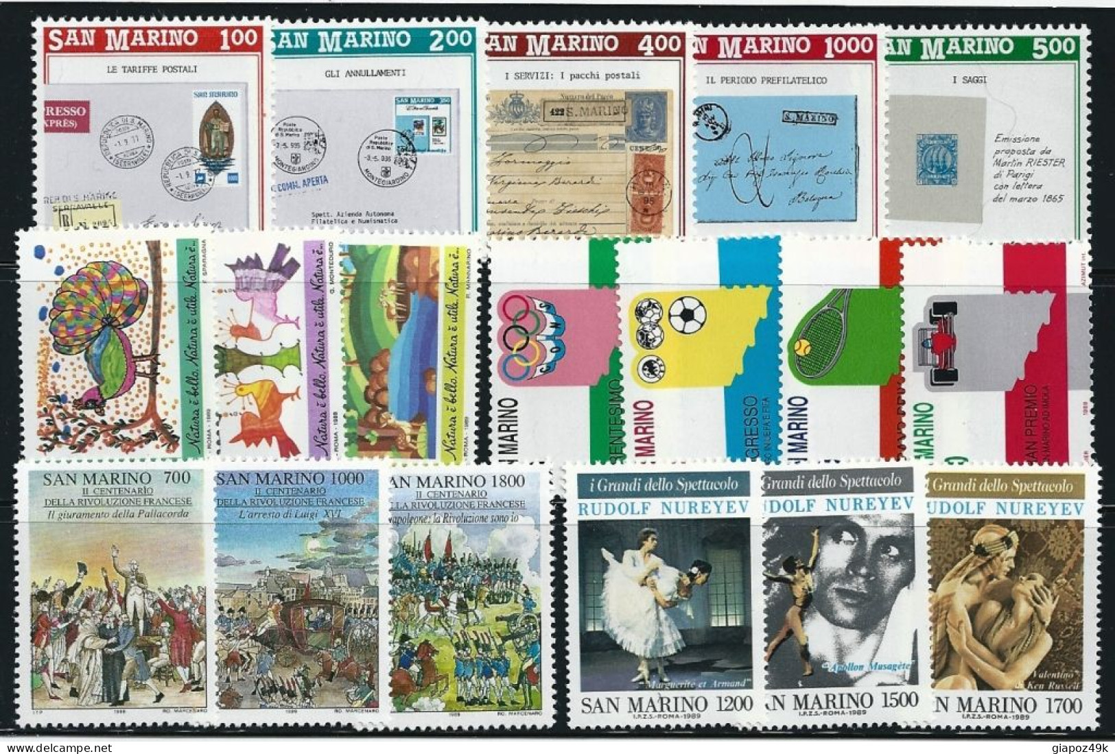 ● San Marino 1989 ֍ ANNATA COMPLETA ** ● 1 Foglietto (BF) + 23 Fb ● Tutte Serie Complete ● - Annate Complete