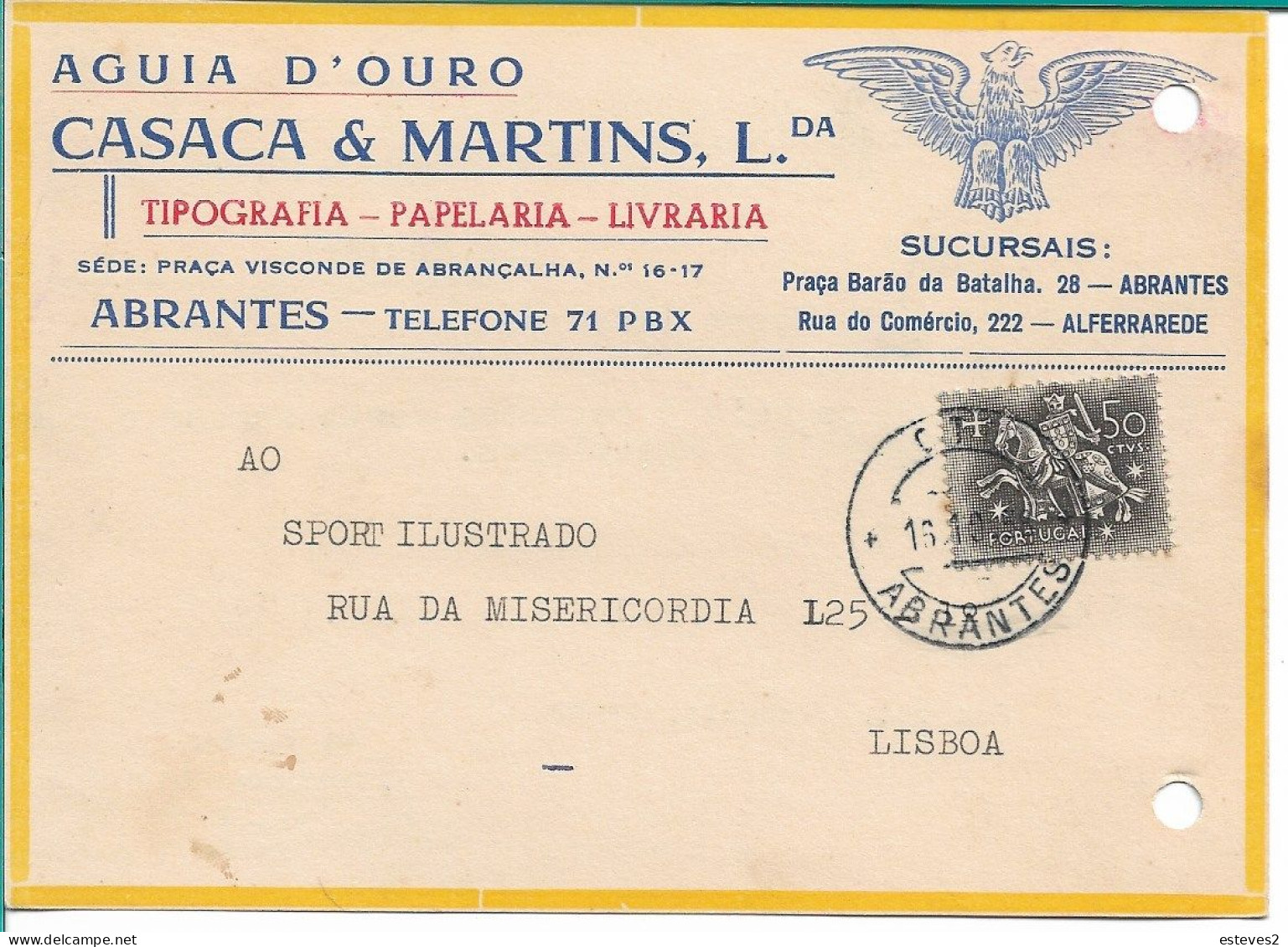 Portugal 1958 , Commercial Postcard By CASACA & MARTINS, Ldª , PAPELARIA AGUIA D'OURO , ABRANTESA - Portogallo
