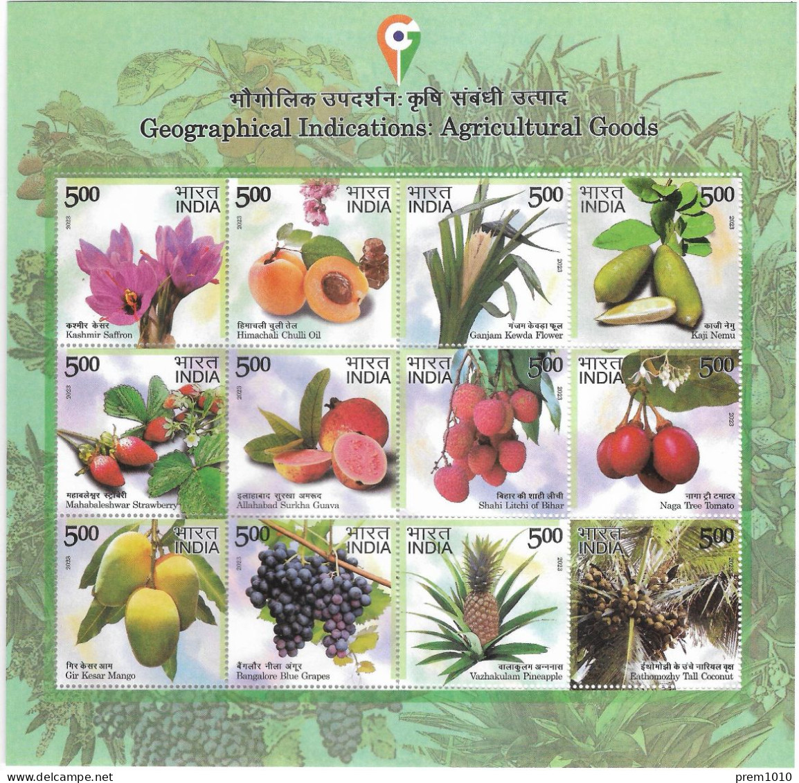 INDIA 2023- GEOGRAPHICAL INDICATIONS FOR AGRICULTURAL GOODS- SHEETLET OF 12 STAMPS- MNH- Kashmir Saffron- Stawberry, Etc - Blocchi & Foglietti