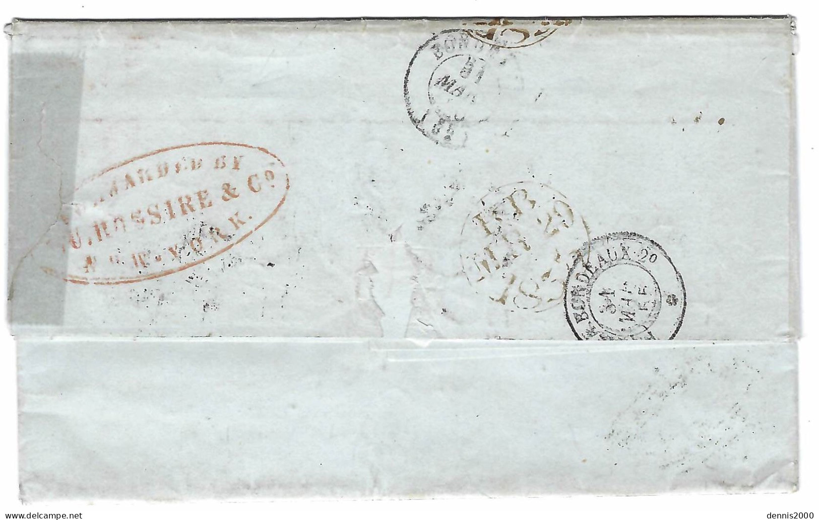 1855 - Lettre De La Havane  Entrée "ETATS-UNIS PAQ.BRIT. / A.CALAIS.D " Taxe 26 Tampon -au Dos Forwarded By Rossire & C° - Voorfilatelie