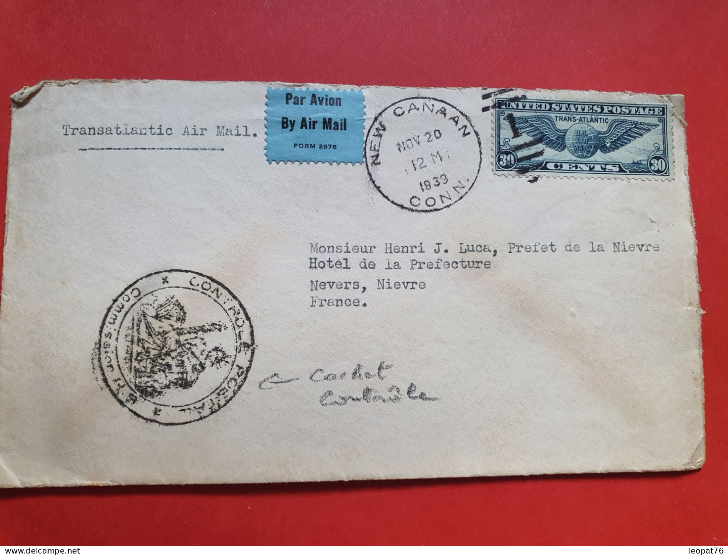 Etats Unis - Enveloppe De New Canaan Pour Un Préfet En France En 1939 Avec Cachet De Contrôle Postal - JJ 71 - Cartas & Documentos
