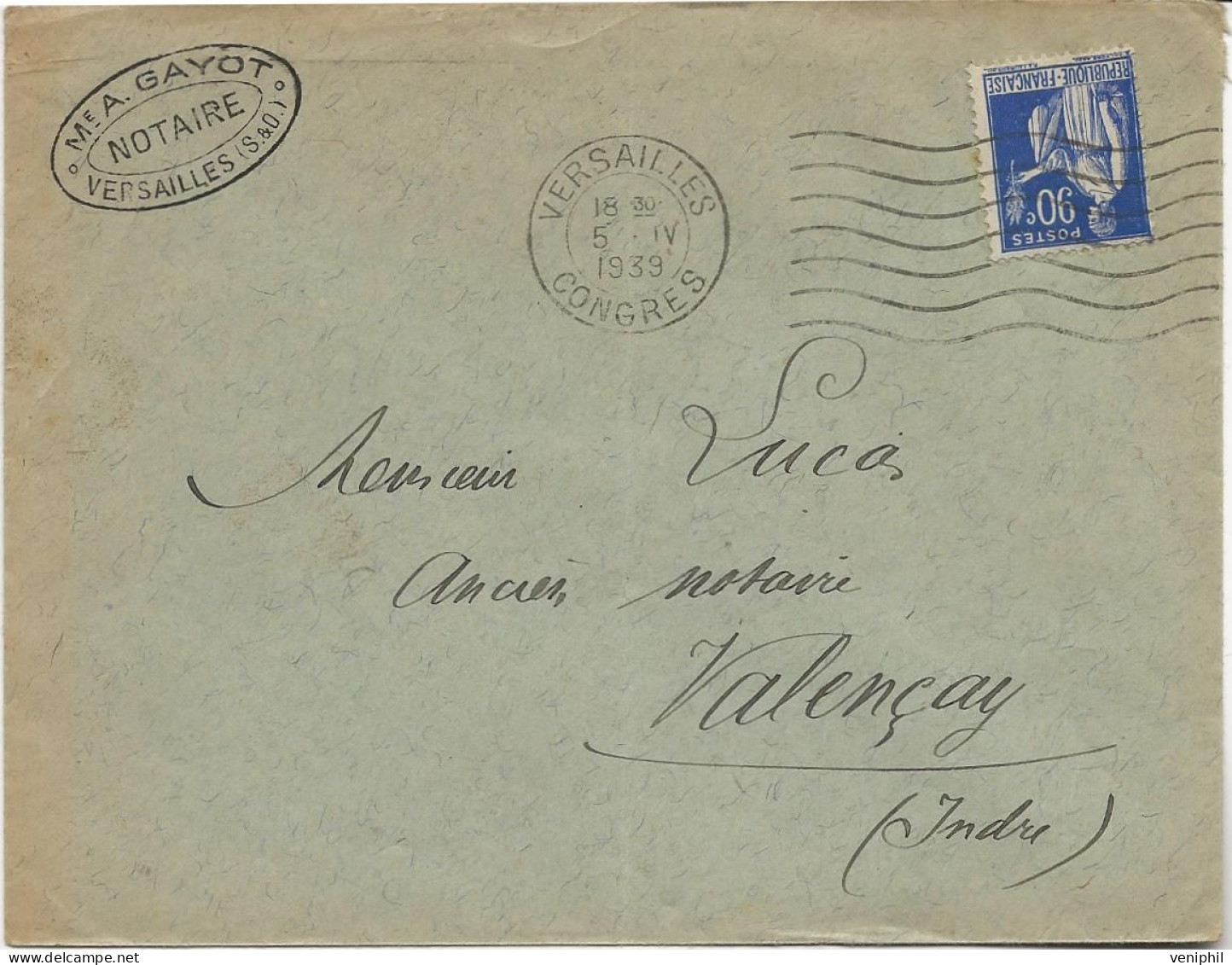 LETTRE AFFRANCHIE N°368 - OBLITERATION CAD VERSAILLES -CONGRES 1939  +7 LIGNES ONDULEES - Mechanical Postmarks (Other)