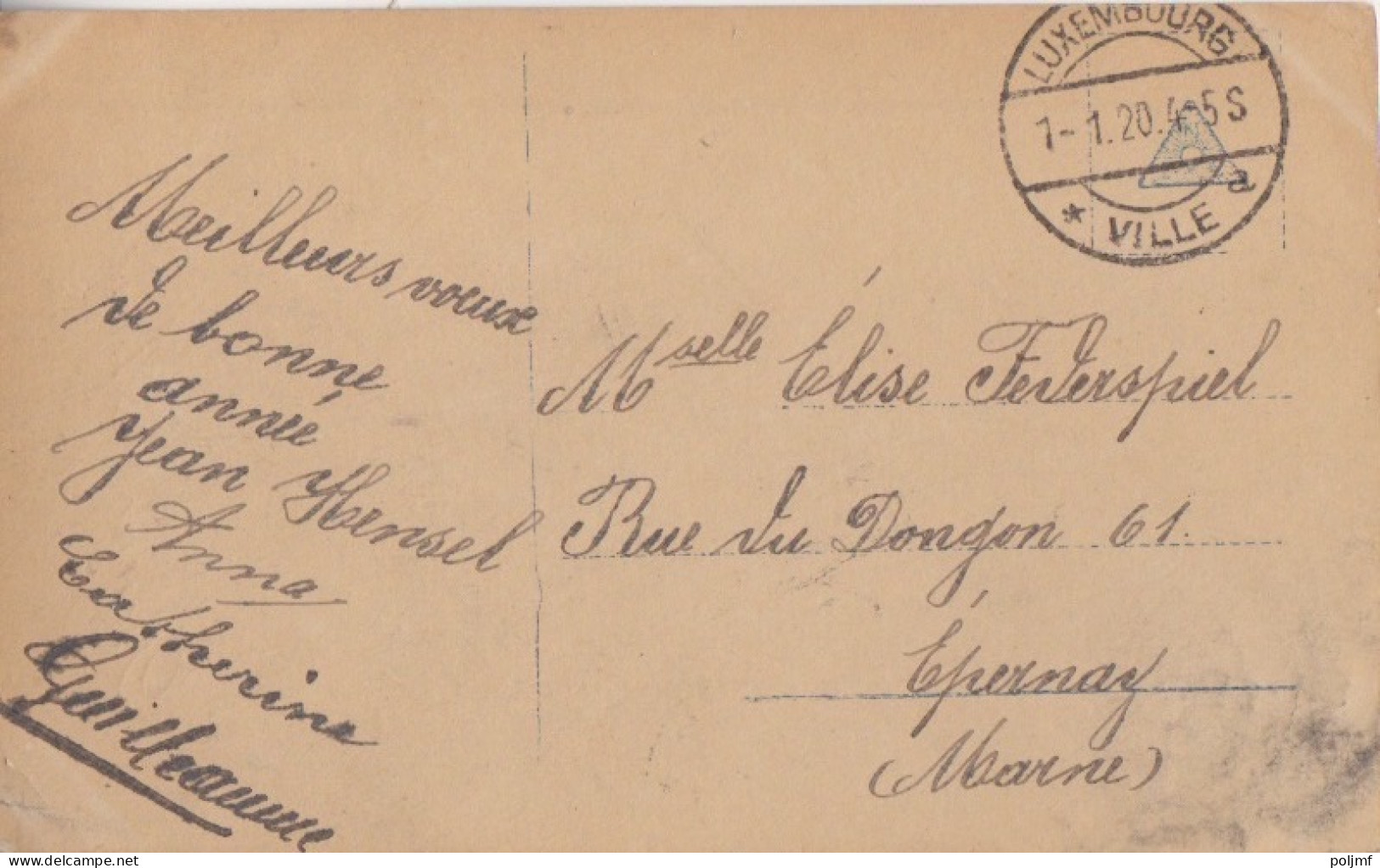 F CP "Bonne Année" Obl. Luxembourg Ville A Le 1/1/20 Sur N° 95 Marie Adélaide Pour Epernay - 1914-24 Maria-Adelaide