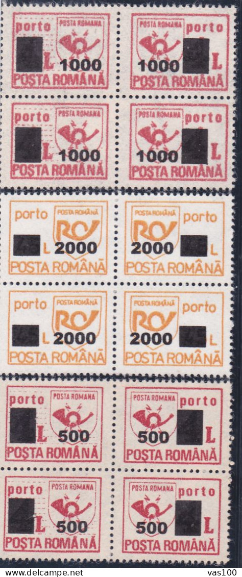 Romania 2001 Postage Due Post Horn TAX Portomarken Surcharged IN BLOCK OF FOUR, MNH - Postage Due