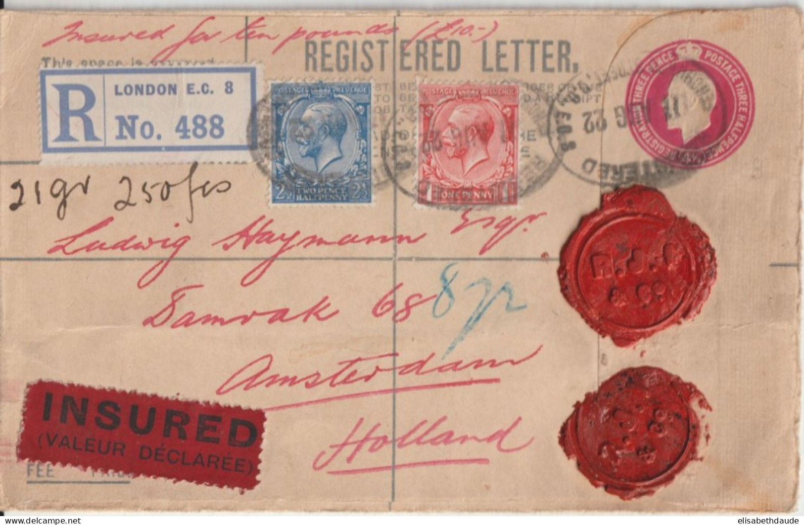 1922 - GB - ENVELOPPE ENTIER REGISTERED LETTER De LONDON INSURED ! (CHARGEE VALEUR DECLAREE) => AMSTERDAM (NEDERLAND) ! - Covers & Documents