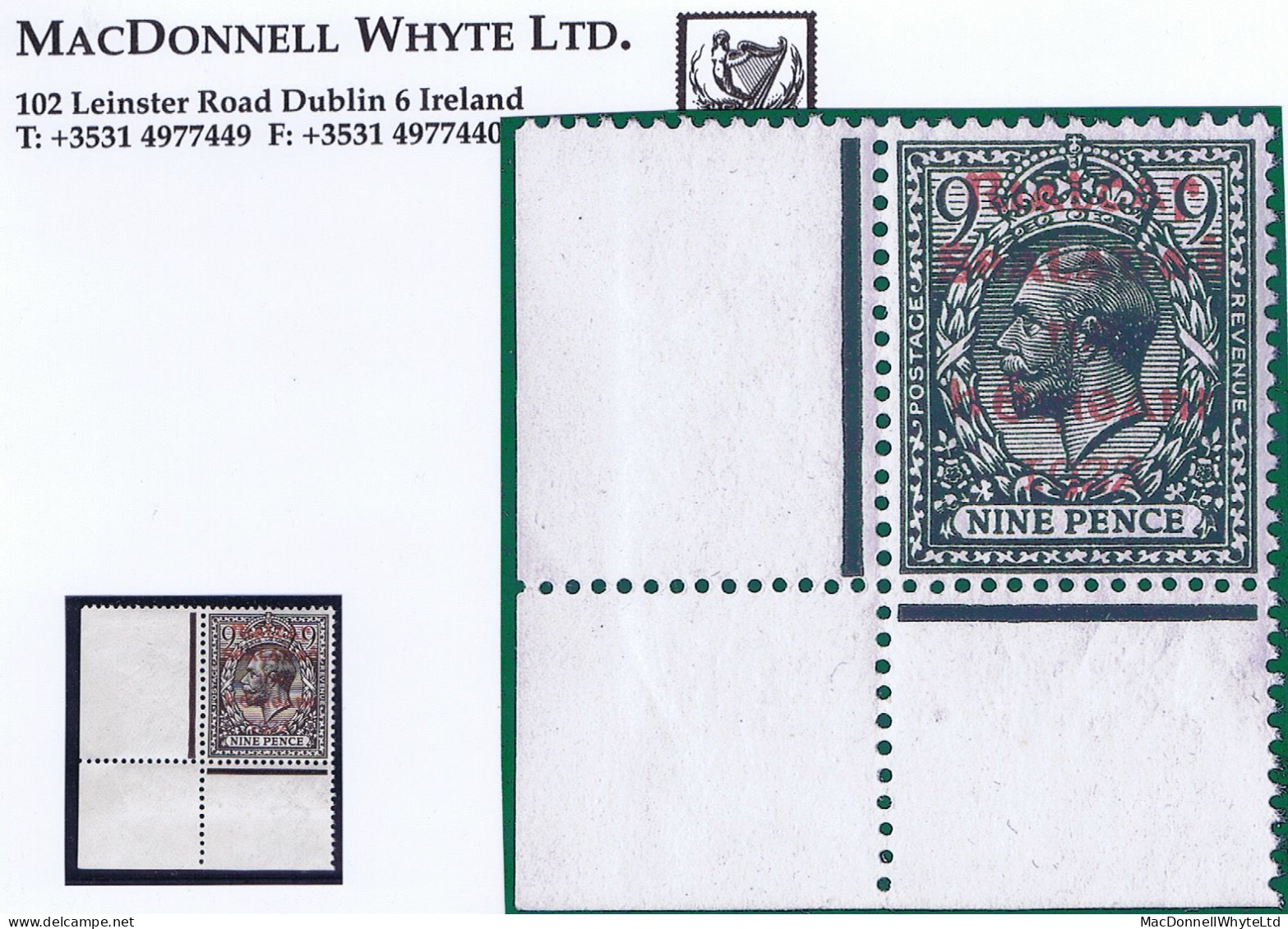 Ireland 1922 Dollard Rialtas 5-line Ovpt In Carmine On 9d Agate, Lower Left Corner Fresh Mint Unmounted Never Hinged - Neufs