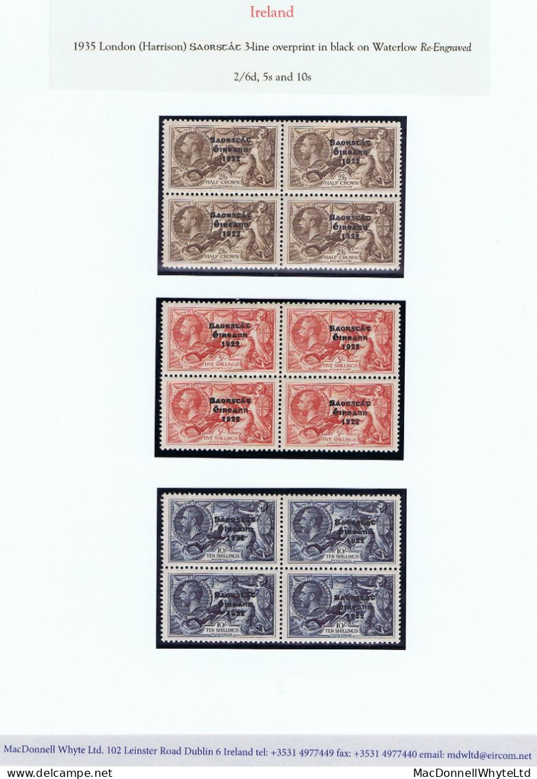 Ireland 1935 Saorstát 3-line Overprint On Re-engraved 2/6d, 5s And 10s, Blocks Of 4 Well Centred Mint Unmounted - Nuovi