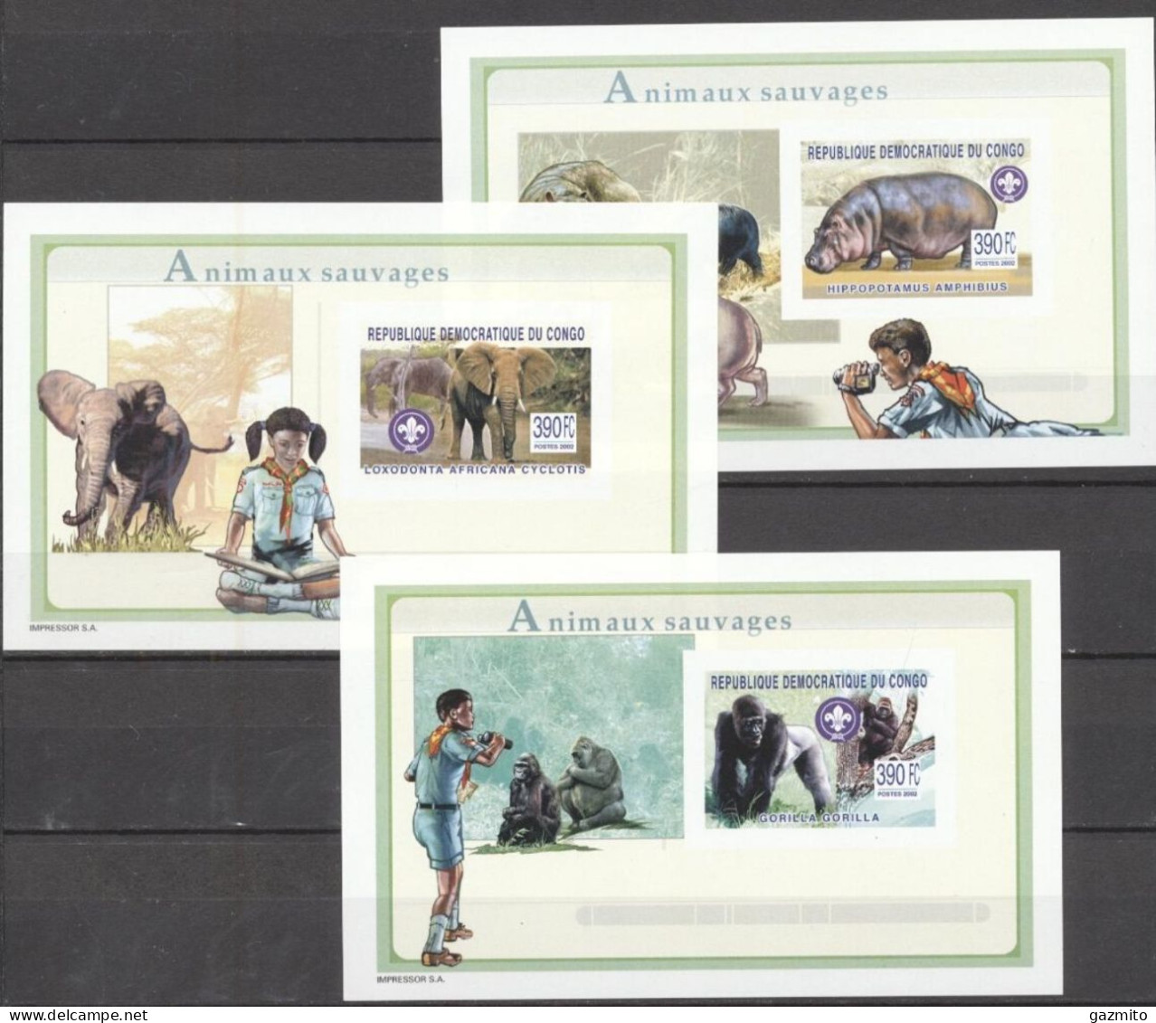 Congo Ex Zaire 2003, Scout, Hippo, Elephant, Gorilla, 3BF IMPERFORATED - Gorillas