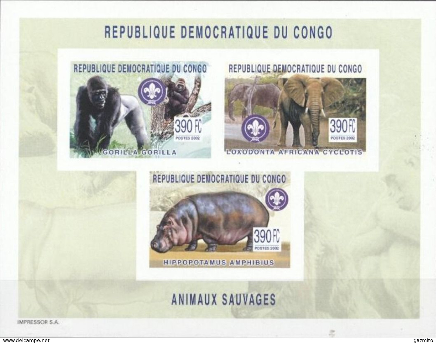 Congo Ex Zaire 2003, Scout, Hippo, Elephant, Gorilla, 3val In BF IMPERFORATED - Gorilla's