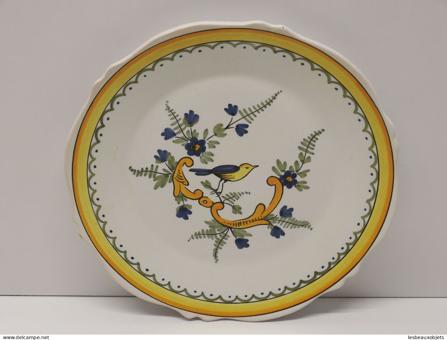 -ASSIETTE DECORATIVE EMILE TESSIER CERAMIQUE MALICORNE OISEAU JAUNE & BLEU   E - Malicorne (FRA)