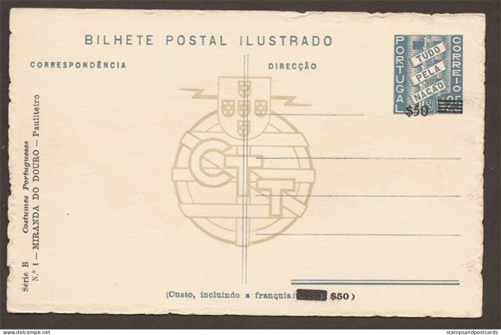 Portugal Carte Entier Postal Surcharge 1953 Costume Pauliteiro Miranda Do Douro Tambour Musique Stationery Drum Music - Musique