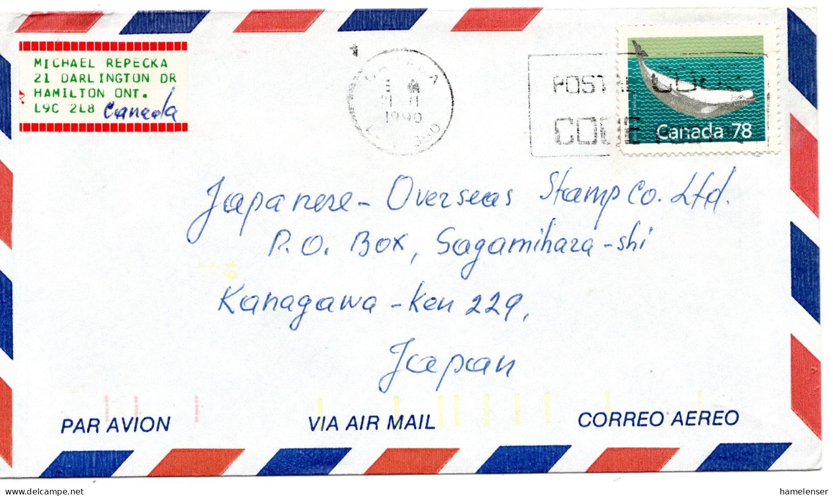 68243 - Canada - 1990 - 78¢ Wal EF A LpBf Nach Japan - Baleines