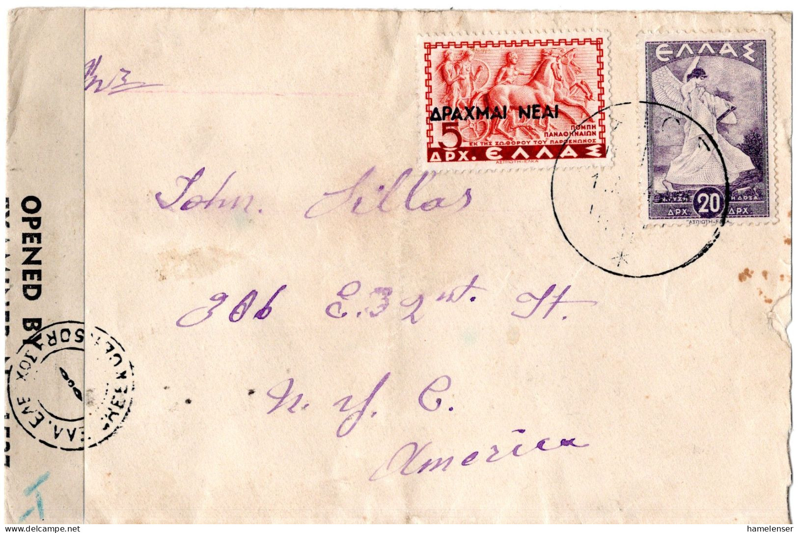 68253 - Griechenland - 1945 - 20Dr MiF A Bf Nach New York, NY (USA), M Brit.-griech Zensur - Covers & Documents