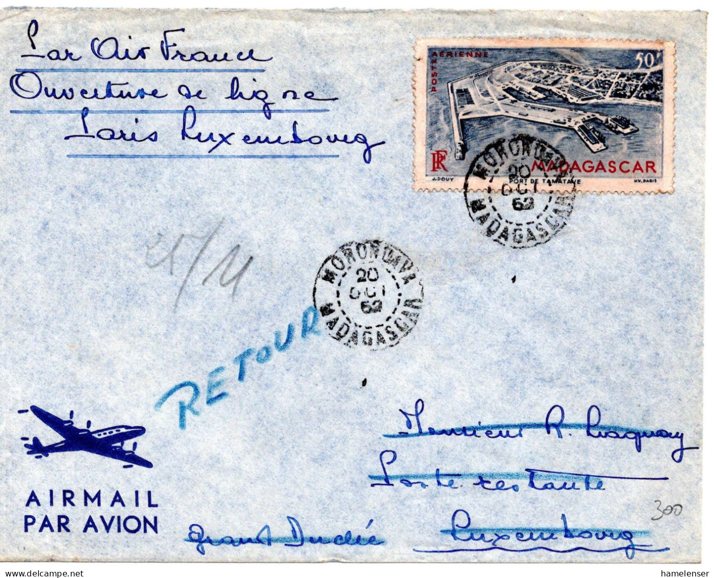 68254 - Madagaskar - 1952 - 50F Luftpost EF A LpBf MORONDAVA -> LUXEMBOURG (Luxemburg), Retour - Airmail