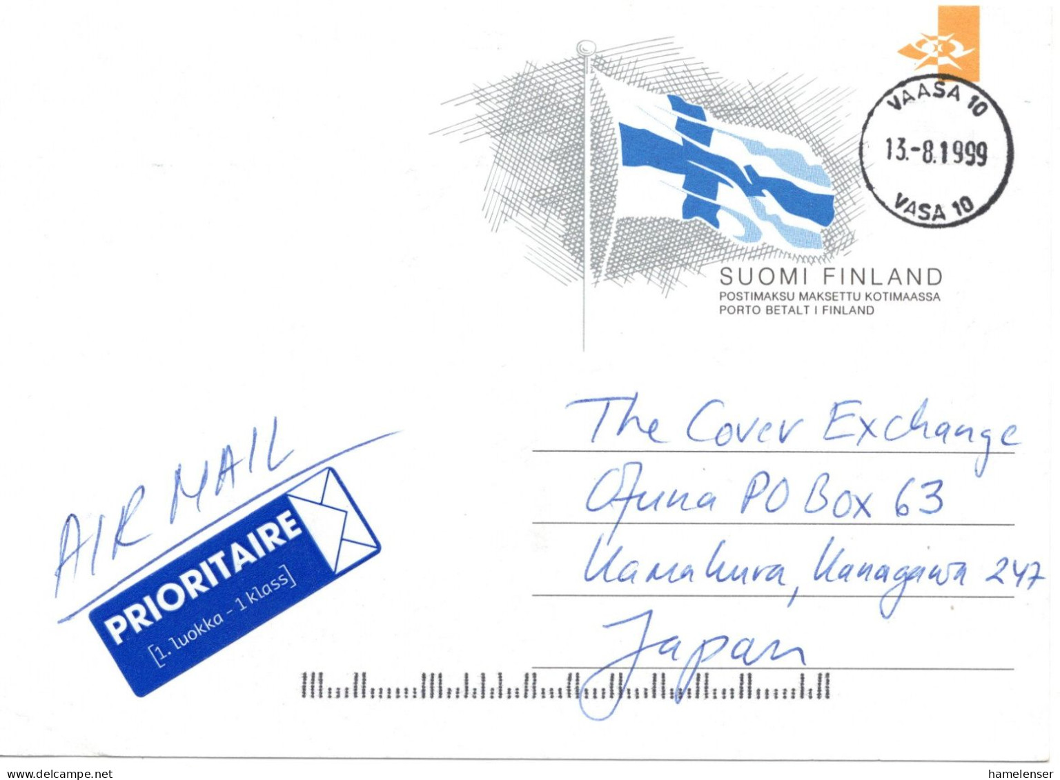 68257 - Finnland - 1999 - Lp-GAKte "Inlandsporto Bezahlt" VAASA -> Japan - Lettres & Documents