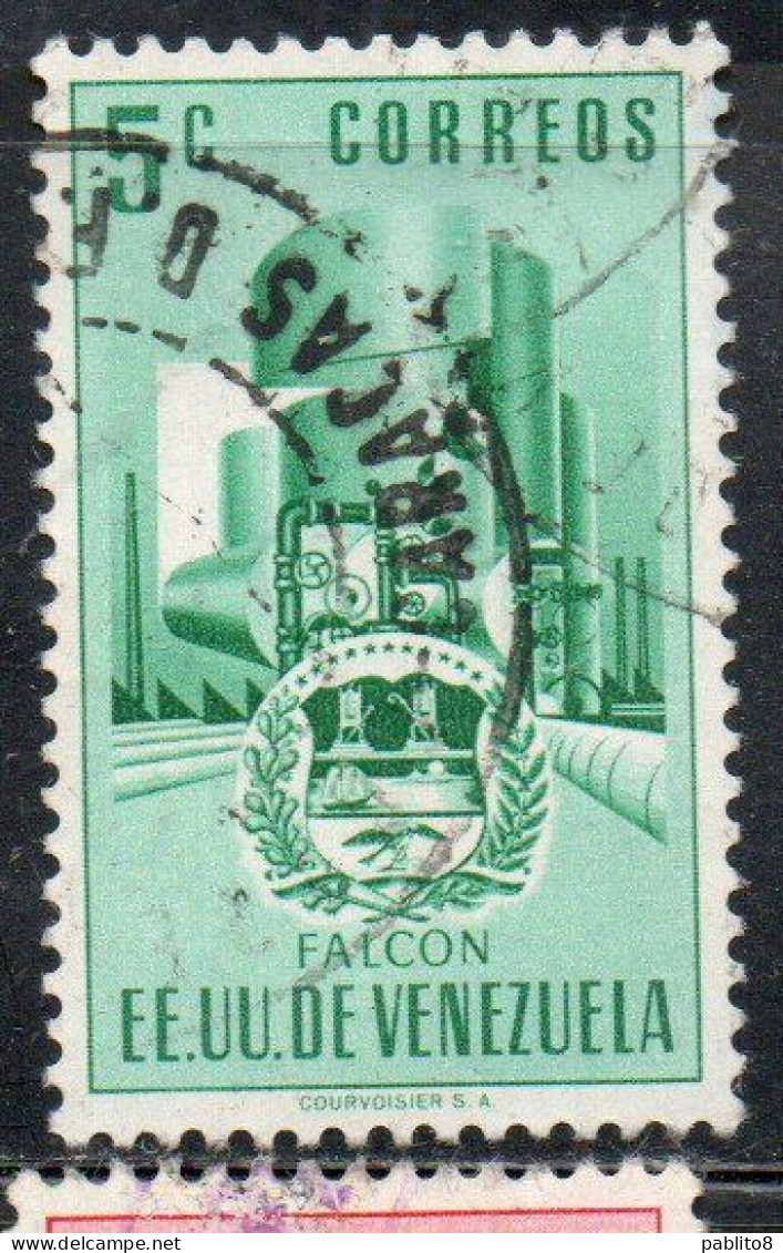 VENEZUELA 1953 1954 COAT OF ARMS FALCON AND STYLIZED OIL REFINERY 5c USED USATO OBLITERE' - Venezuela