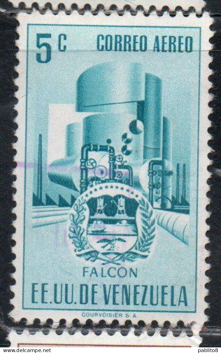 VENEZUELA 1953 1954 AIR POST MAIL AIRMAIL COAT OF ARMS FALCON AND STYLIZED OIL REFINERY 5c USED USATO OBLITERE' - Venezuela