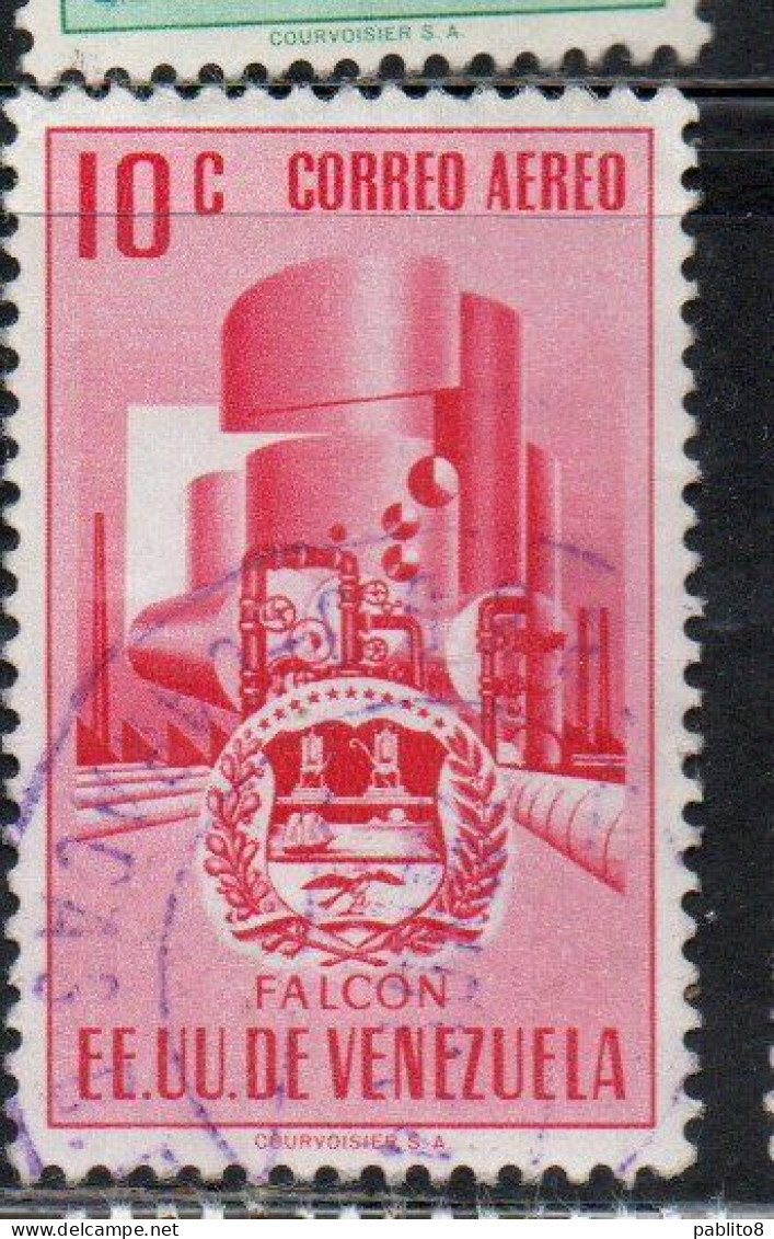 VENEZUELA 1953 1954 AIR POST MAIL AIRMAIL COAT OF ARMS FALCON AND STYLIZED OIL REFINERY 10c USED USATO OBLITERE' - Venezuela