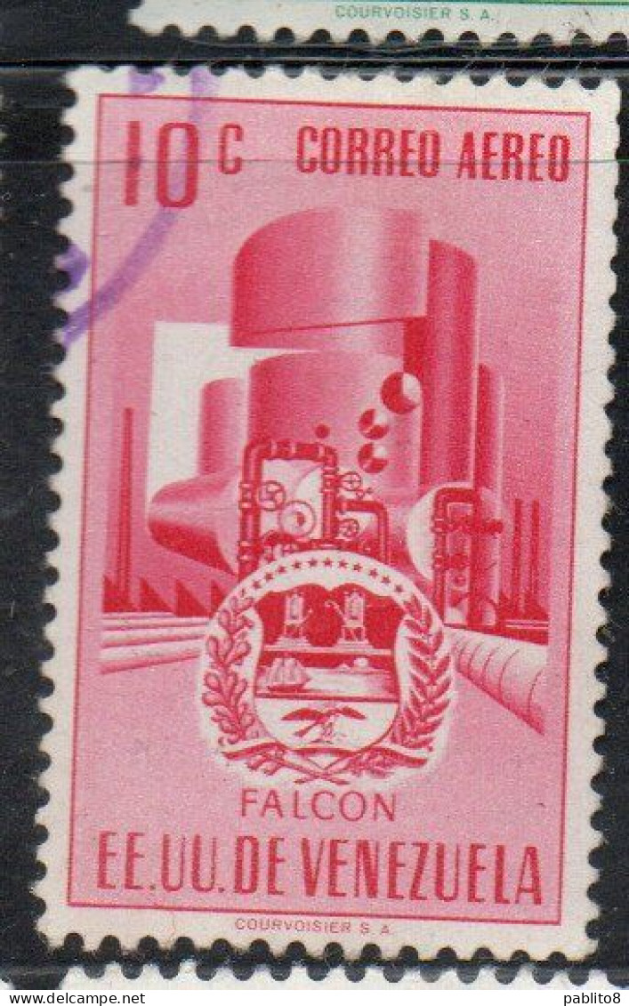 VENEZUELA 1953 1954 AIR POST MAIL AIRMAIL COAT OF ARMS FALCON AND STYLIZED OIL REFINERY 10c USED USATO OBLITERE' - Venezuela