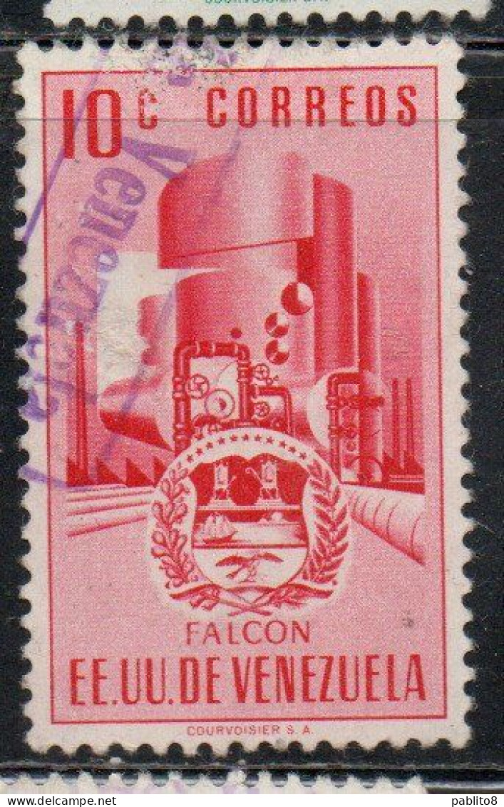 VENEZUELA 1953 1954 AIR POST MAIL AIRMAIL COAT OF ARMS FALCON AND STYLIZED OIL REFINERY 10c USED USATO OBLITERE' - Venezuela