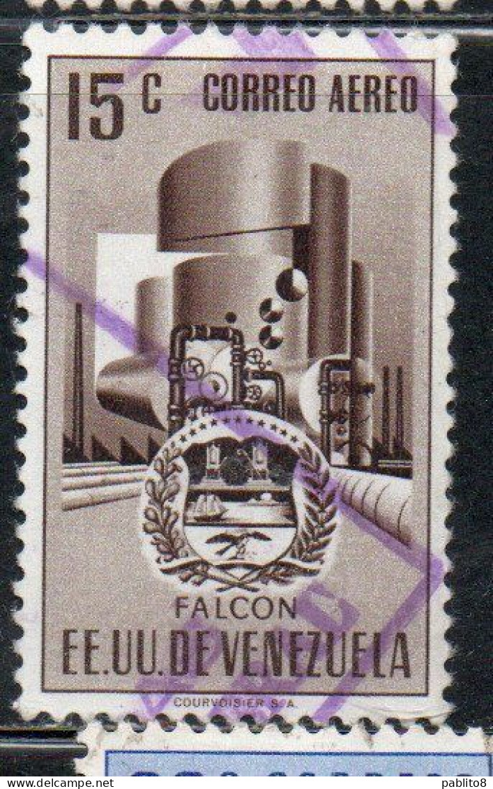 VENEZUELA 1953 1954 AIR POST MAIL AIRMAIL COAT OF ARMS FALCON AND STYLIZED OIL REFINERY 15c USED USATO OBLITERE' - Venezuela