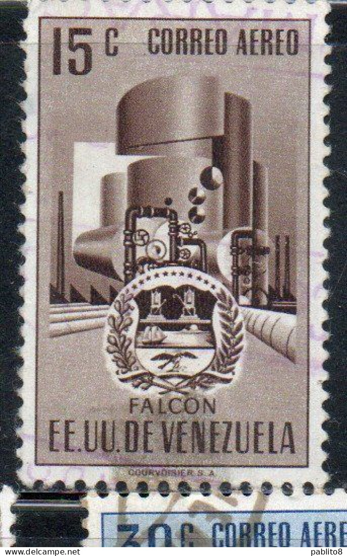 VENEZUELA 1953 1954 AIR POST MAIL AIRMAIL COAT OF ARMS FALCON AND STYLIZED OIL REFINERY 15c USED USATO OBLITERE' - Venezuela