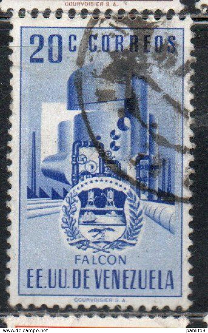 VENEZUELA 1953 1954 COAT OF ARMS FALCON AND STYLIZED OIL REFINERY 20c USED USATO OBLITERE' - Venezuela