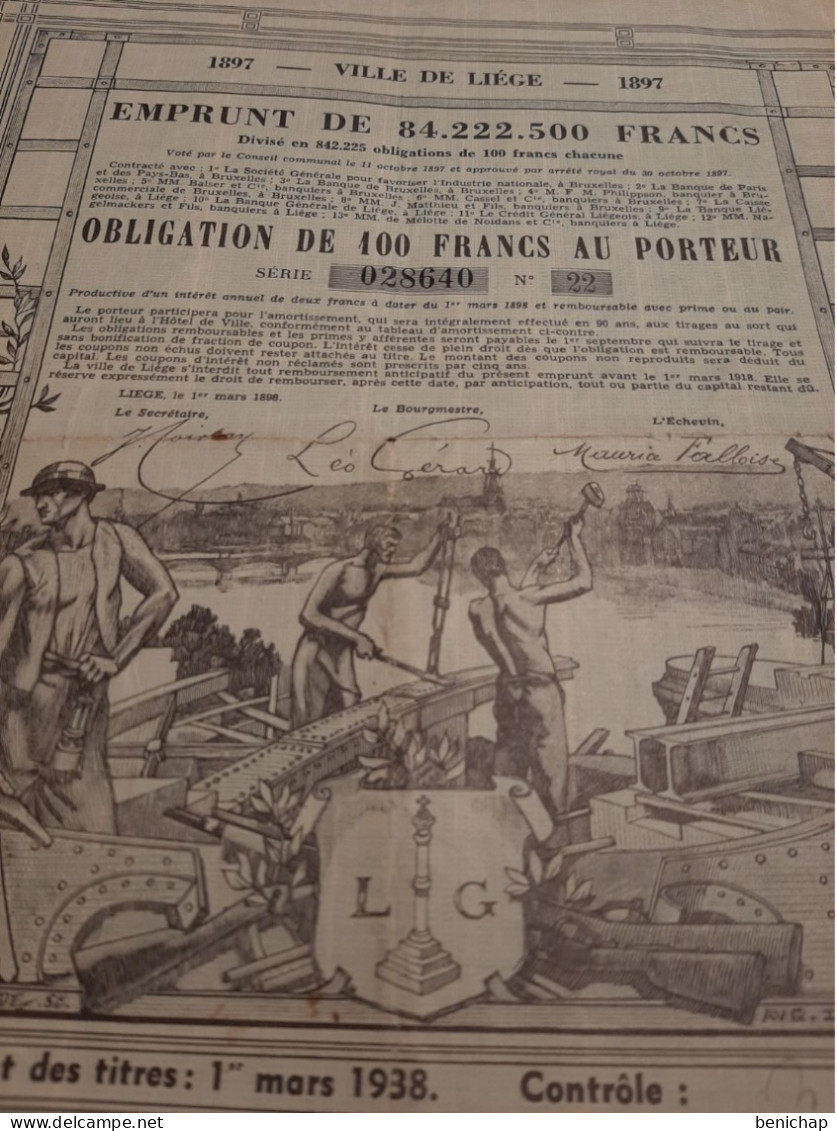 Emprunt De La Ville De Liège 1897 - Obligation De  100 Frs Au Porteur - Liège Le 1er Mars 1898. - Banque & Assurance