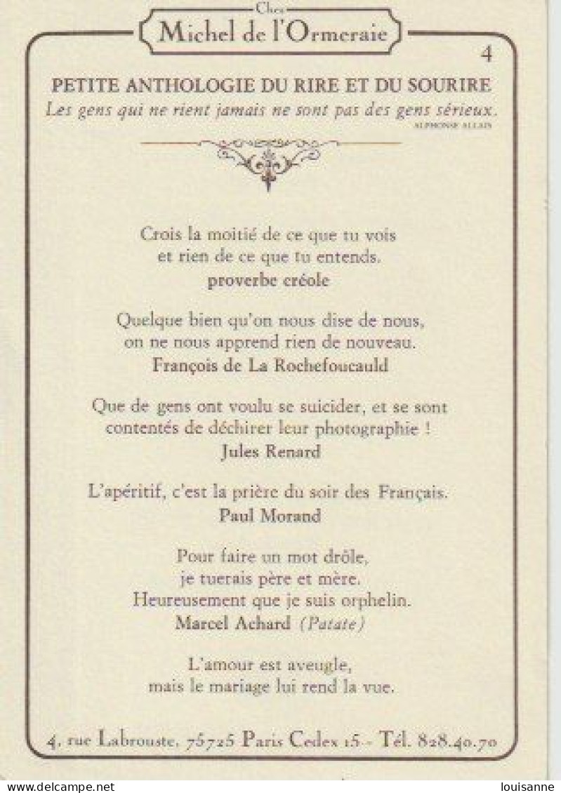 MICHEL DE L'ORMERAIE  -  ANTHOLOGIE  DU  RRE  &  DU  SOURIRE   -   3 C P M  ( &  DOS  De La Carte )-  ( 23 / 7 /  112  ) - Ecrivains