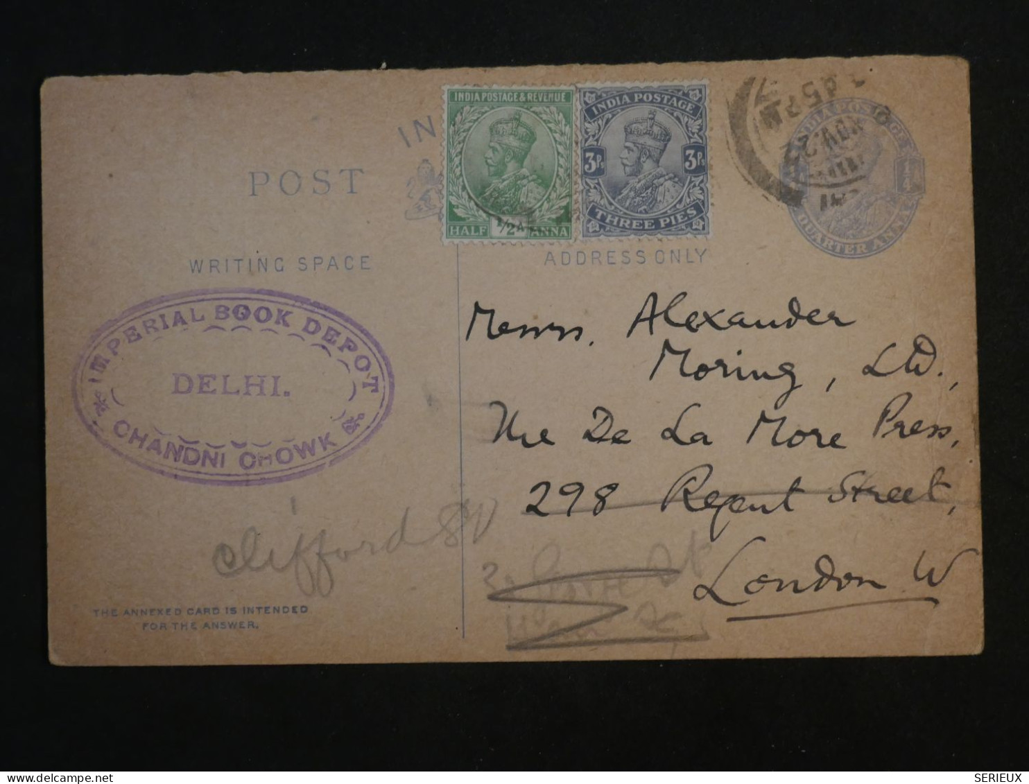 BW7 INDIA   CARTE ENTIER  .IMP. BOOK OFFICE   1922  DEHLI A  LONDON ENGLAND    + AFF. INTERESSANT++ - Other & Unclassified