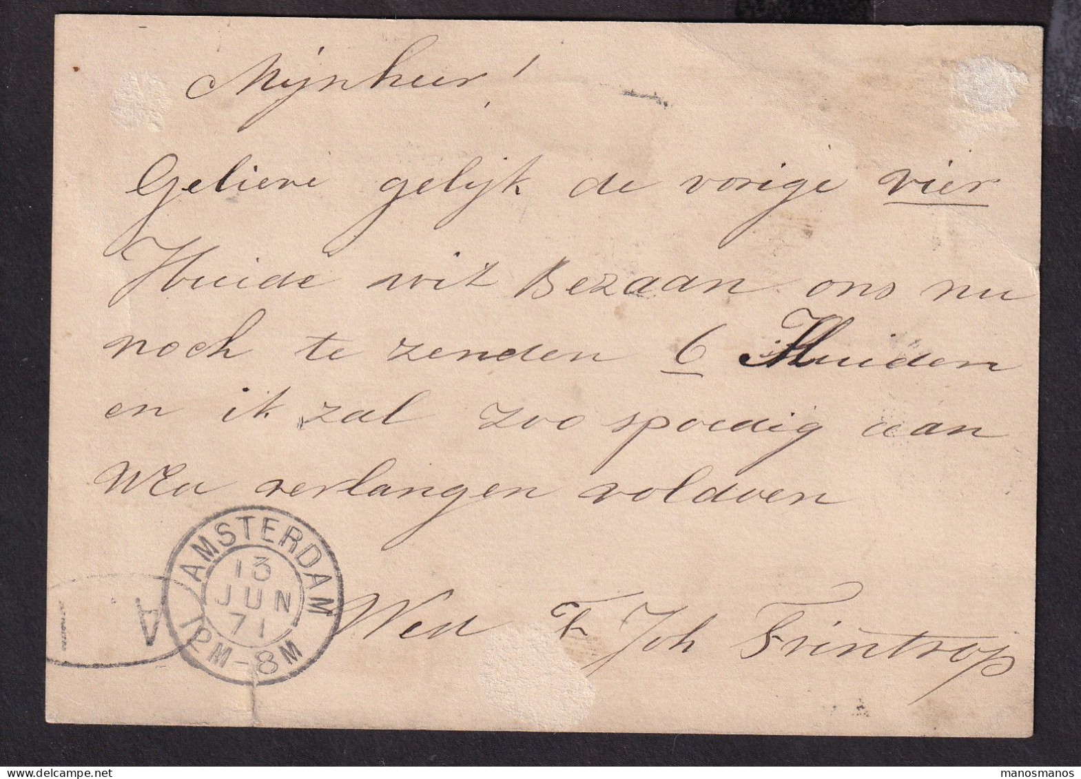 526 DT - Entier Postal Cachet Ambulant HAARL.-HELDER 1871 , Griffe Encadrée ZANDPOORT , Vers Amsterdam - Schienenverkehr