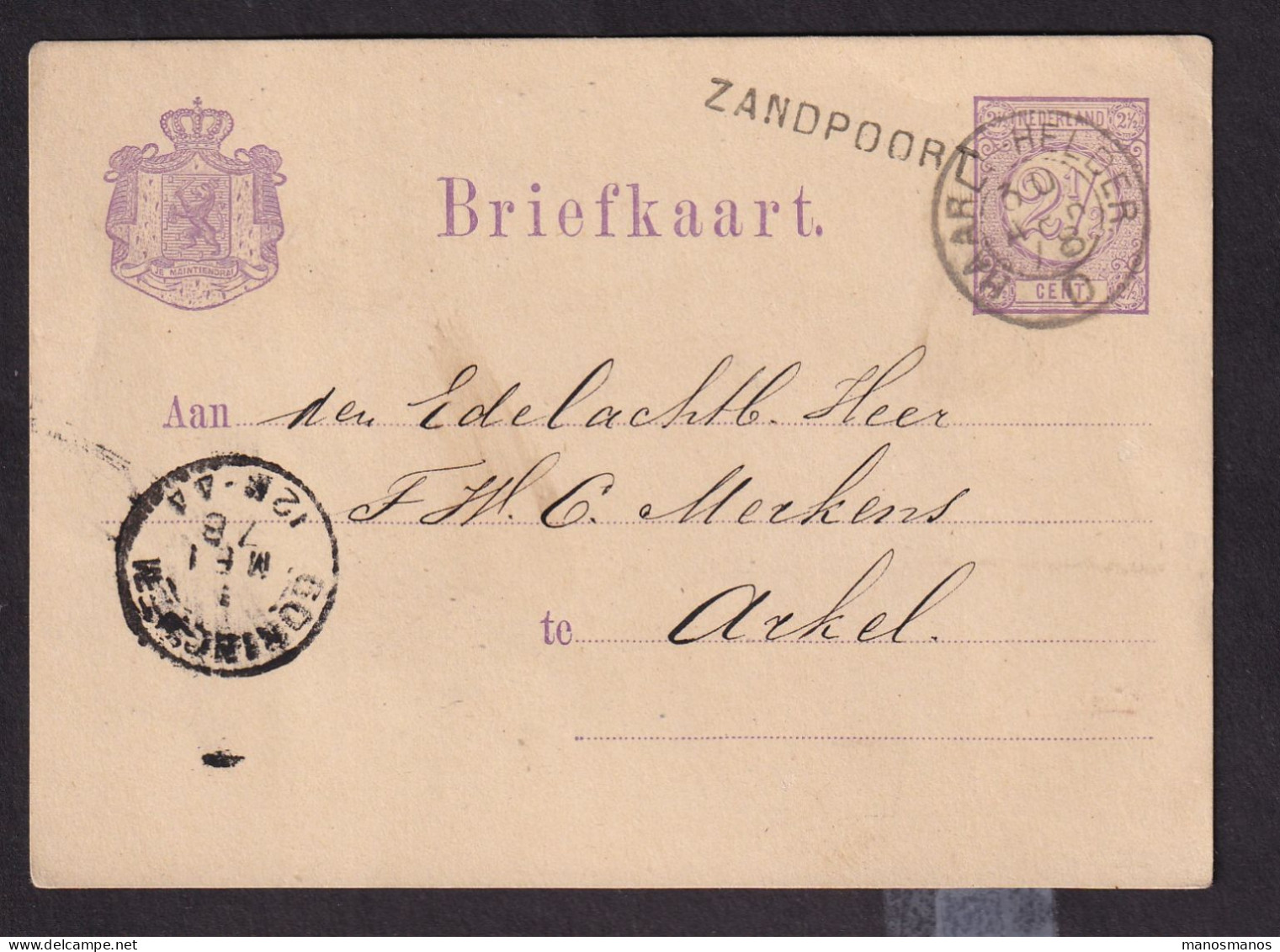 528 DT - Entier Postal Cachet Ambulant HAARL.-HELDER 1878 , Griffe Non Encadrée ZANDPOORT , Vers Arkel - Schienenverkehr