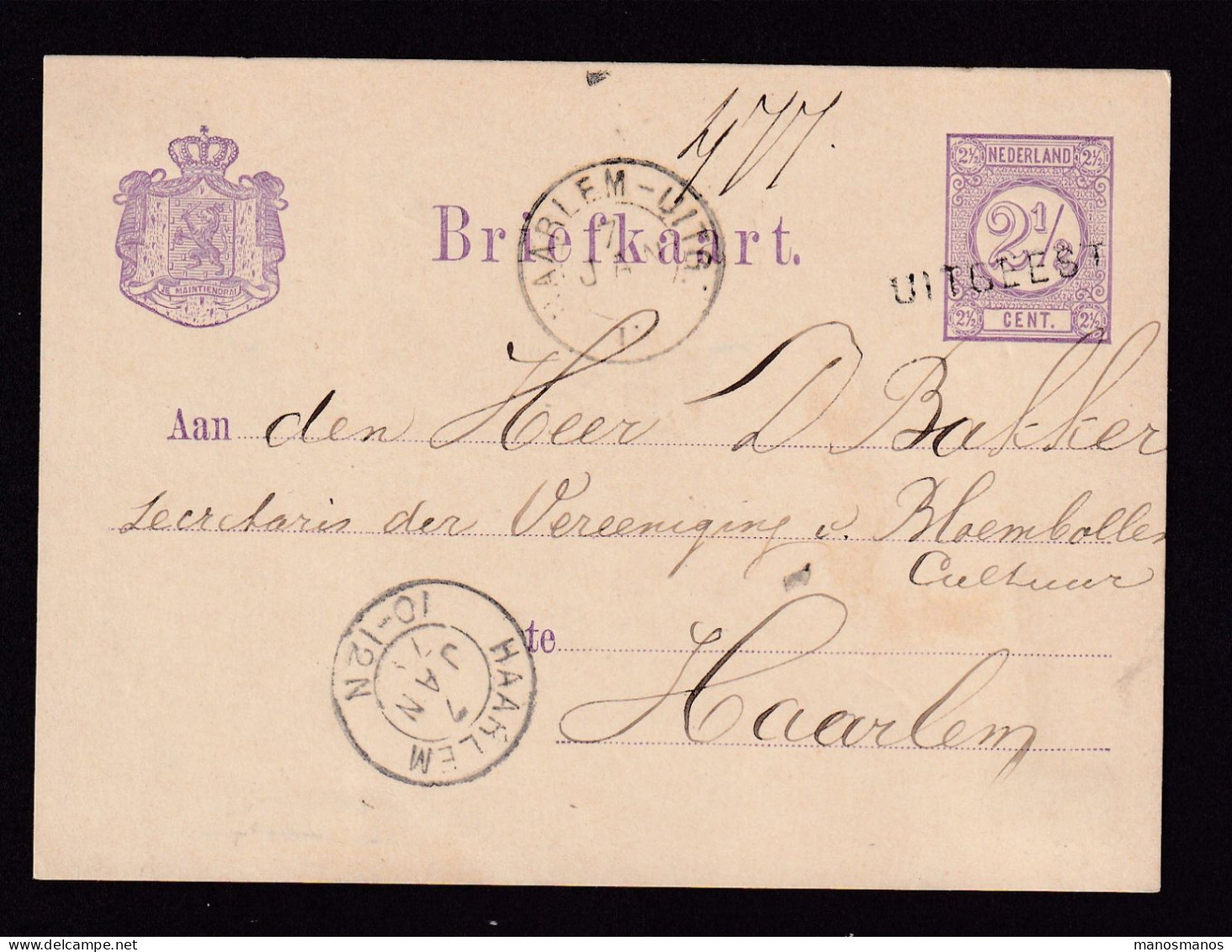 530 DT - Entier Postal Cachet Ambulant HAARL.-UITG. 1879 , Griffe Non Encadrée UITGEEST - Ferrovie