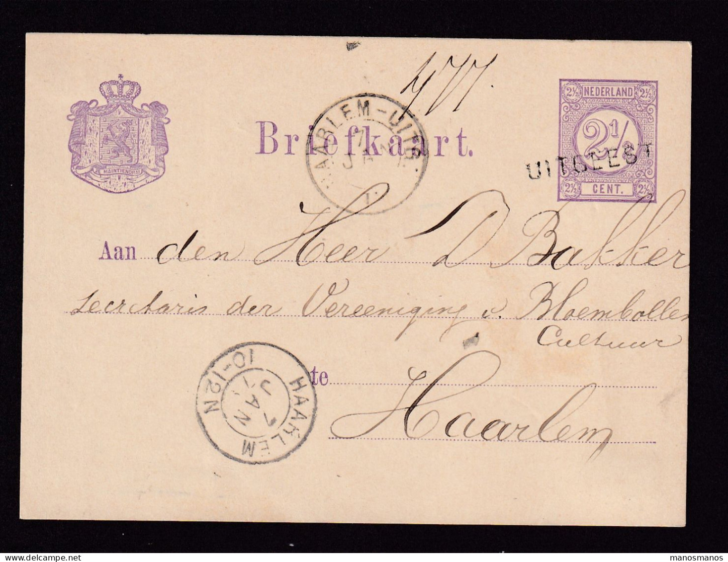 530 DT - Entier Postal Cachet Ambulant HAARL.-UITG. 1879 , Griffe Non Encadrée UITGEEST - Chemins De Fer