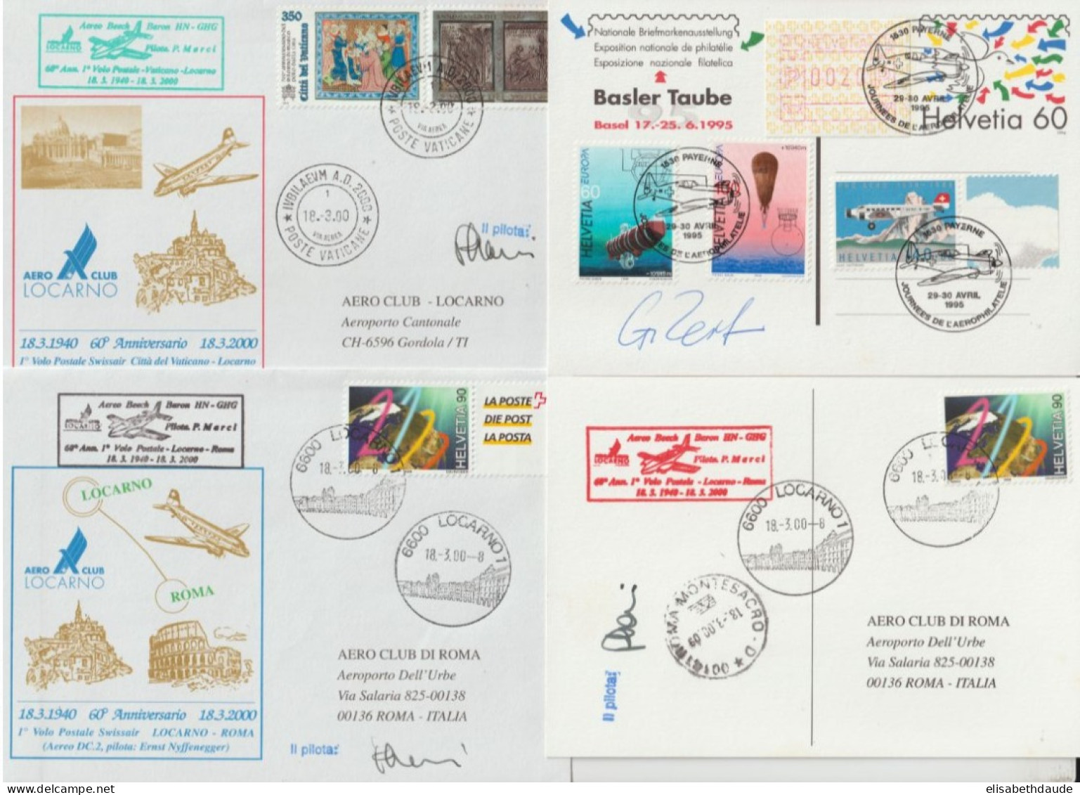 SUISSE - 1995/2000 - VOLS POSTAUX Avec SIGNATURES De PILOTE ! 4 ENVELOPPES/CARTES - Erst- U. Sonderflugbriefe